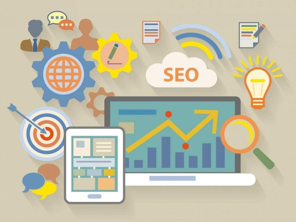 Flat illustration of SEO and web analytics icons