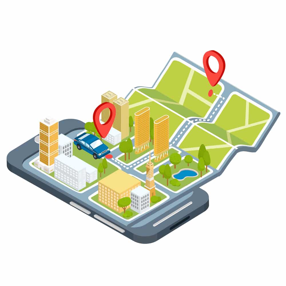 Graphic illustration of 3D map folding out of phone screen