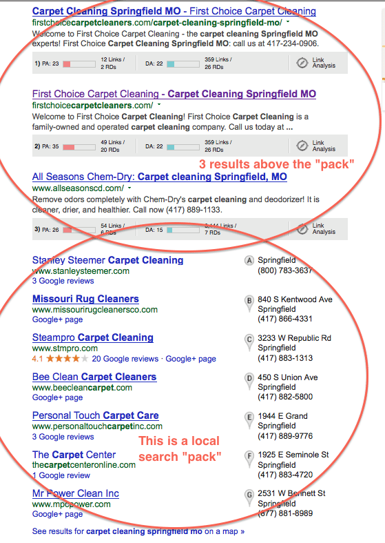 local search “pack” with three results above it…’A’