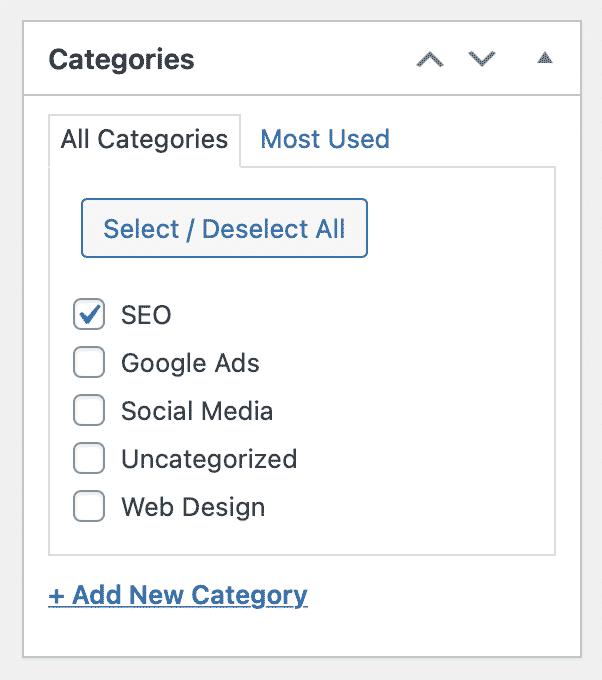 Screenshot of WordPress categories