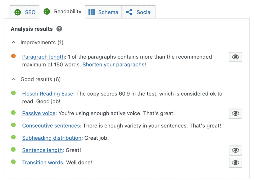 Screenshot of Yoast SEO plugin Readability tab