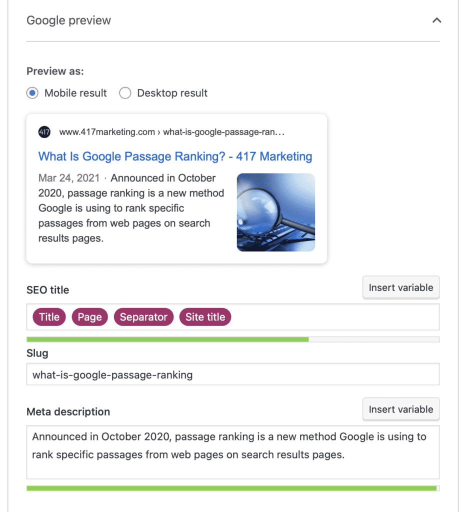 Screenshot showing Yoast SEO plugin Google preview