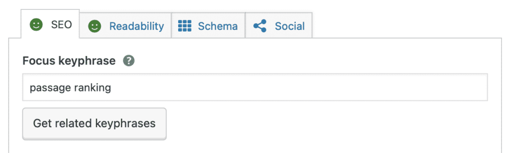 Screenshot showing Yoast SEO plugin focus keyphrase
