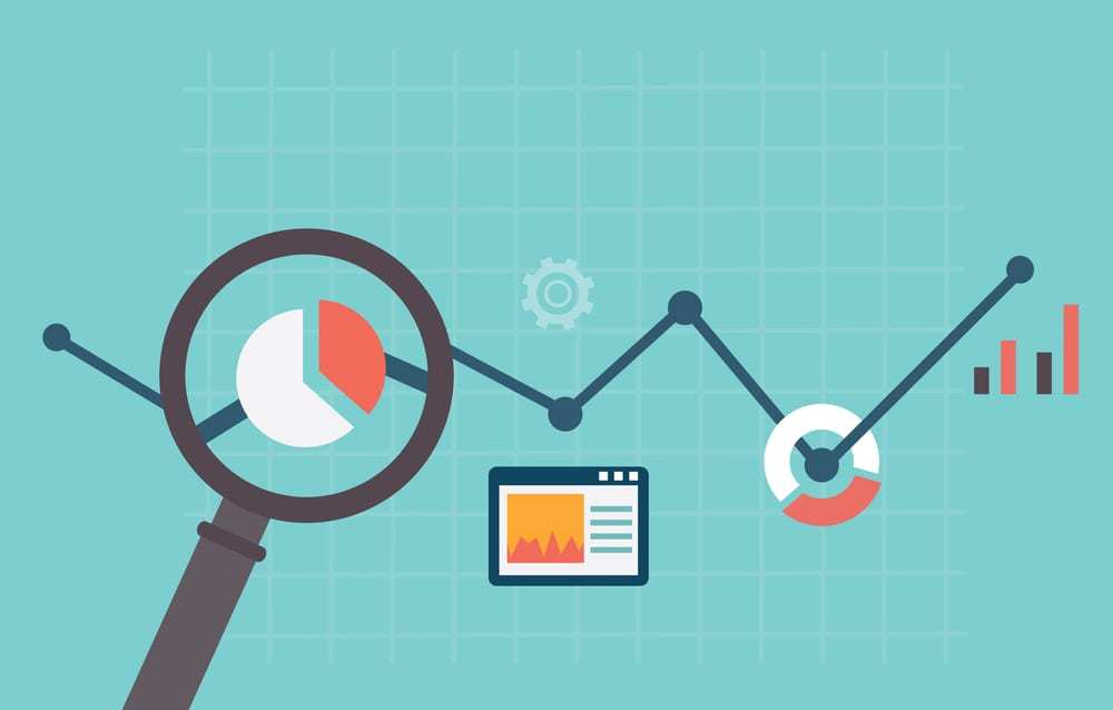 flat vector illustration representing web analytics and magnifying glass