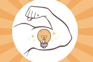 drawing of lightbulb in flexed bicep, surrounded by orange stripes