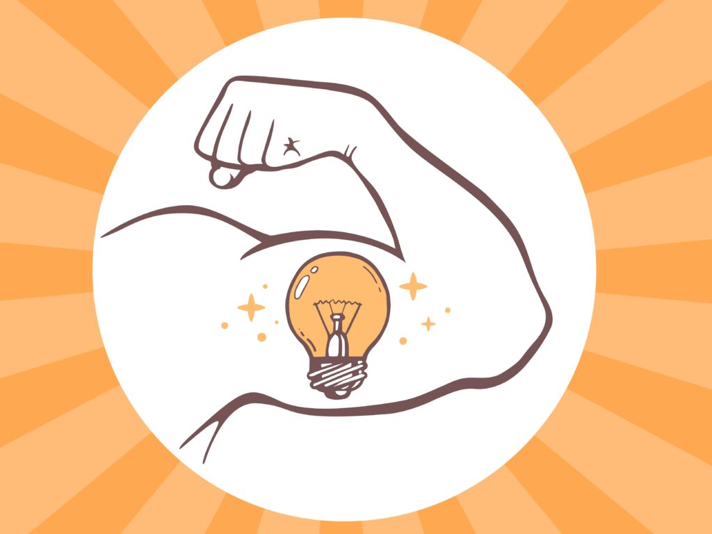 drawing of lightbulb in flexed bicep, surrounded by orange stripes