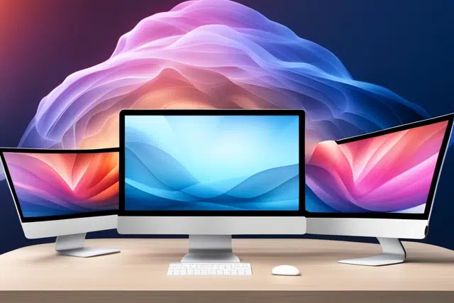 Image of multiple iMacs with an abstract color background.