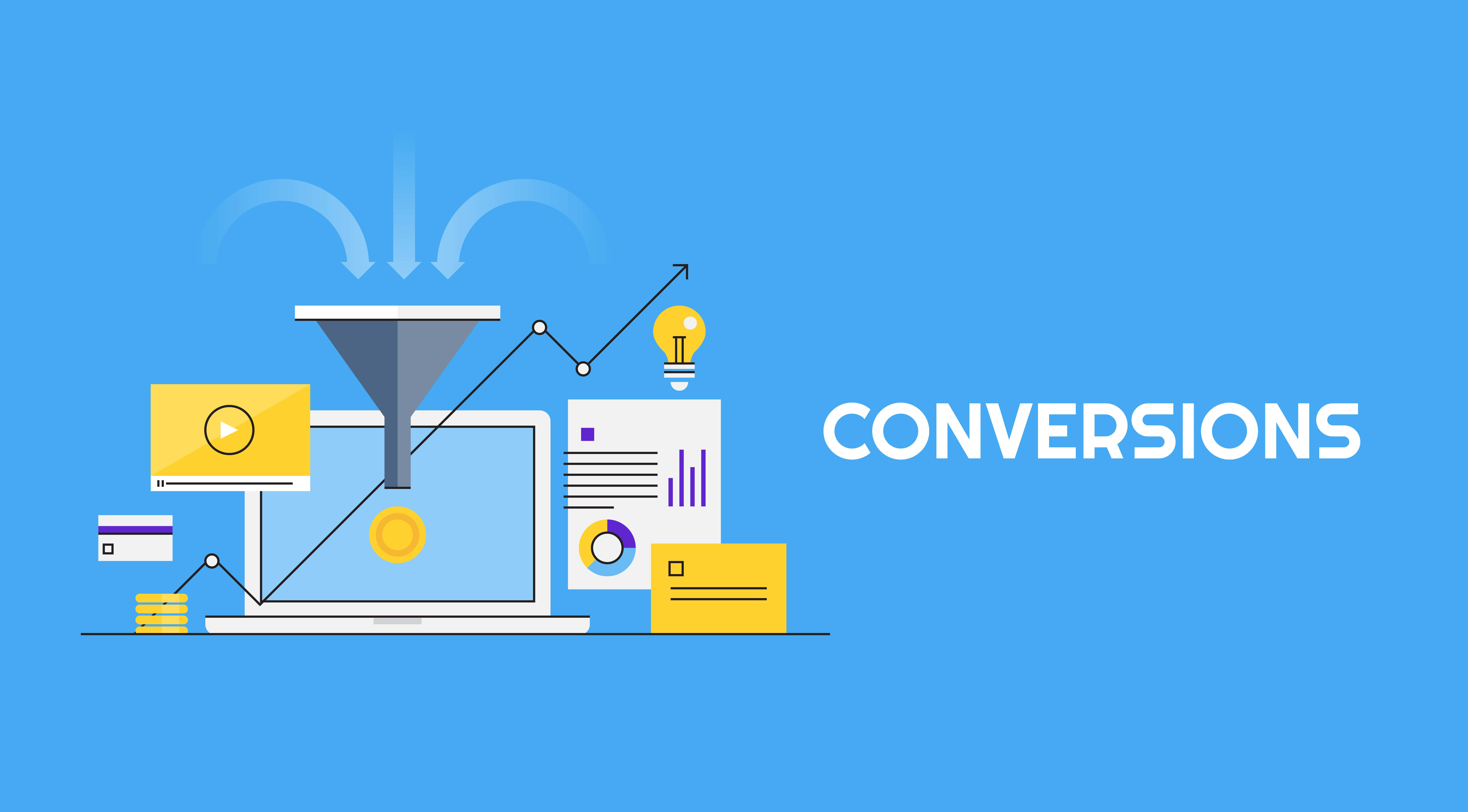 Graphic illustration with arrows pointing into funnel over laptop and positive metrics, text reading conversions