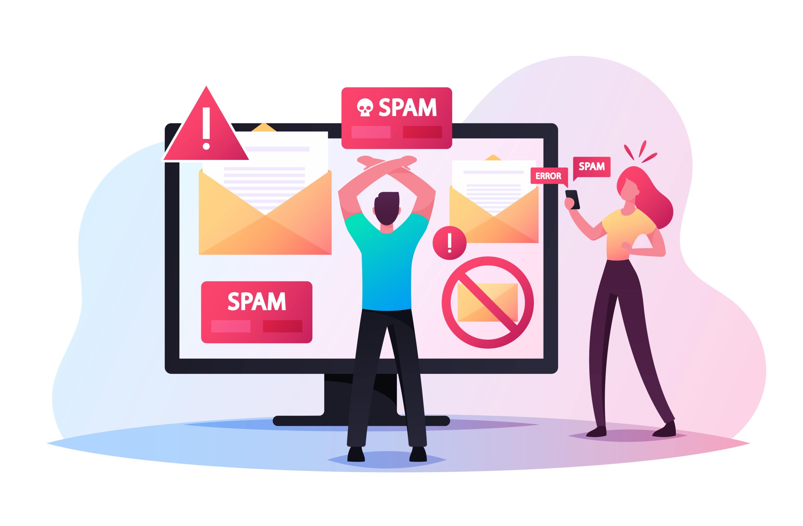 Digital illustration of spam, upset man and woman standing in front of huge computer screen with spam warnings