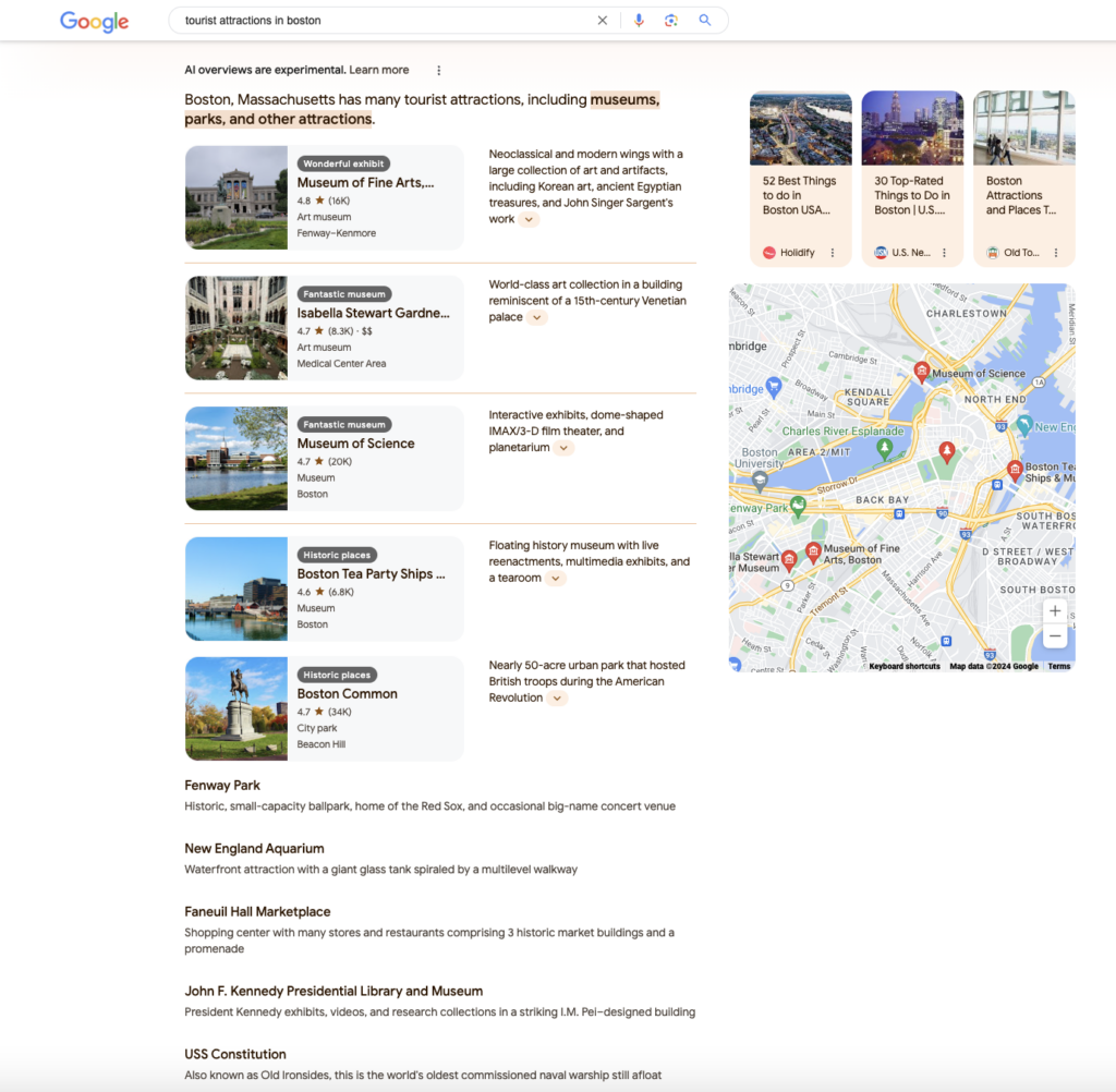 Generative search result about attractions in Boston using GSE
