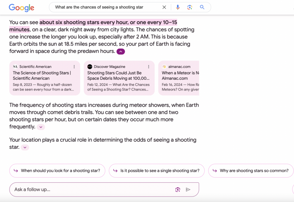 Generative search result about shooting stars using GSE