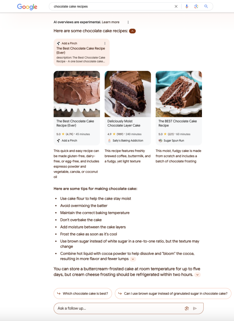 Generative search result with chocolate cake recipes using GSE