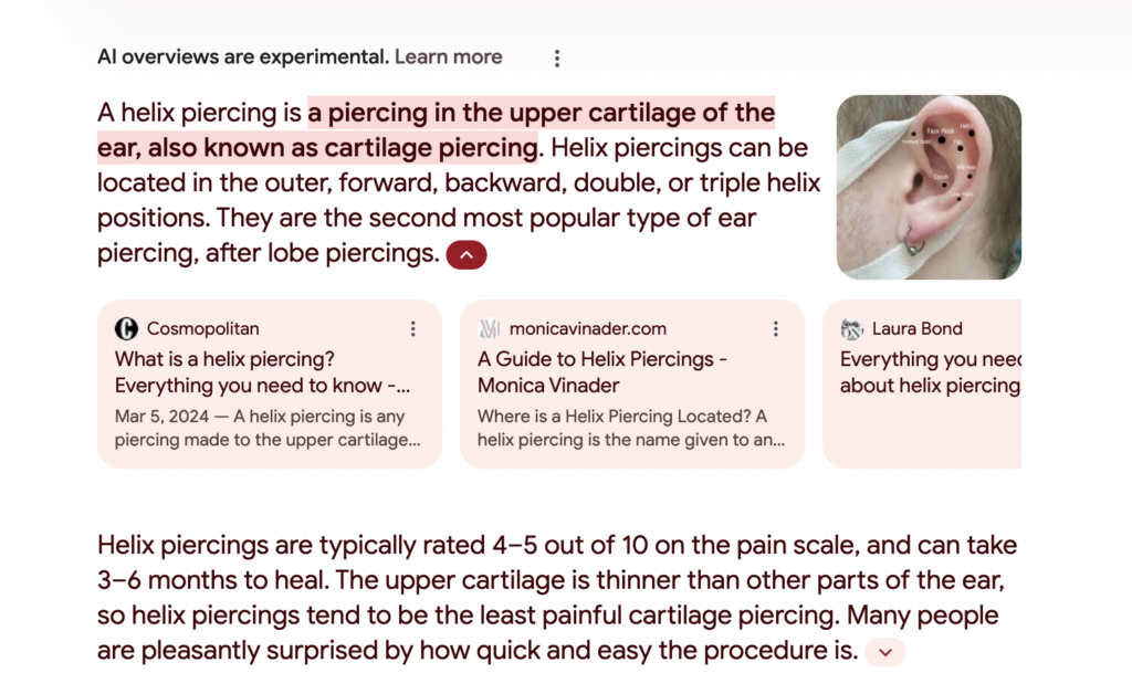 Screenshot of Google search asking what is a helix piercing?