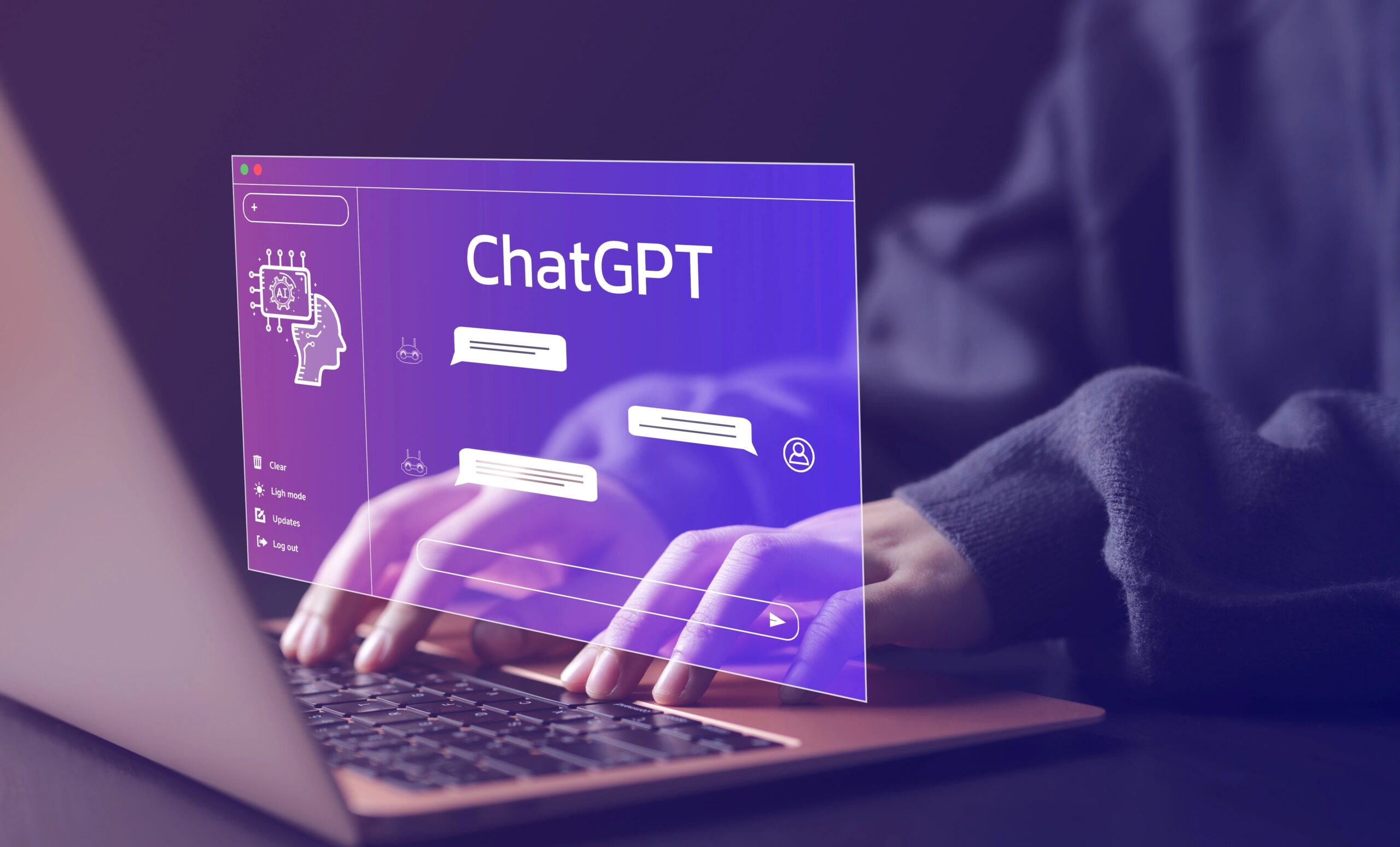 ChatGPT digital bubble overlaid on woman typing on laptop