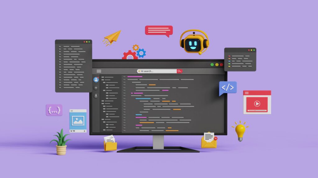 Digital illustration of web code, AI assistant, etc