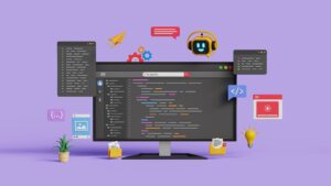 Digital illustration of web code, AI assistant, etc